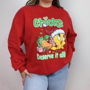 Vintage Warner Bros. Looney Tunes Chicks Deserve‎ It All Red Sweatshirt Size XL